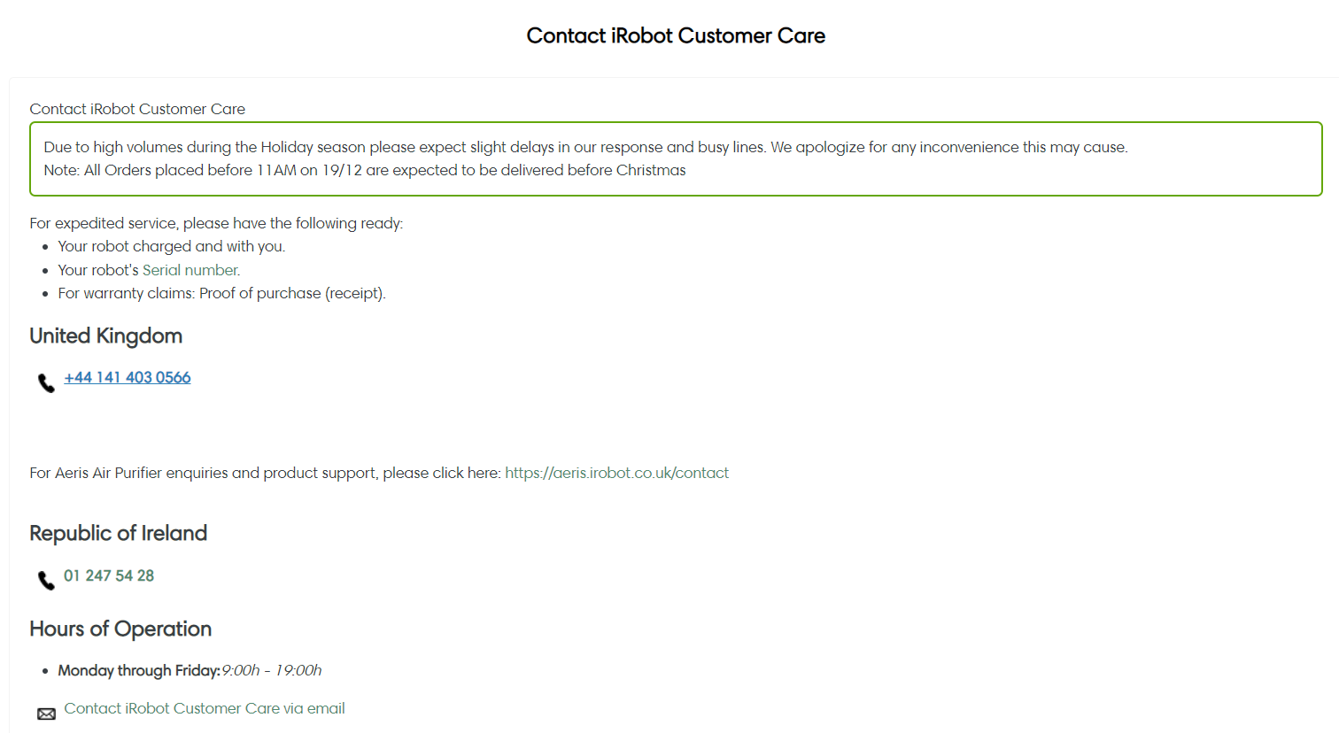 IRobot customer service contact details.